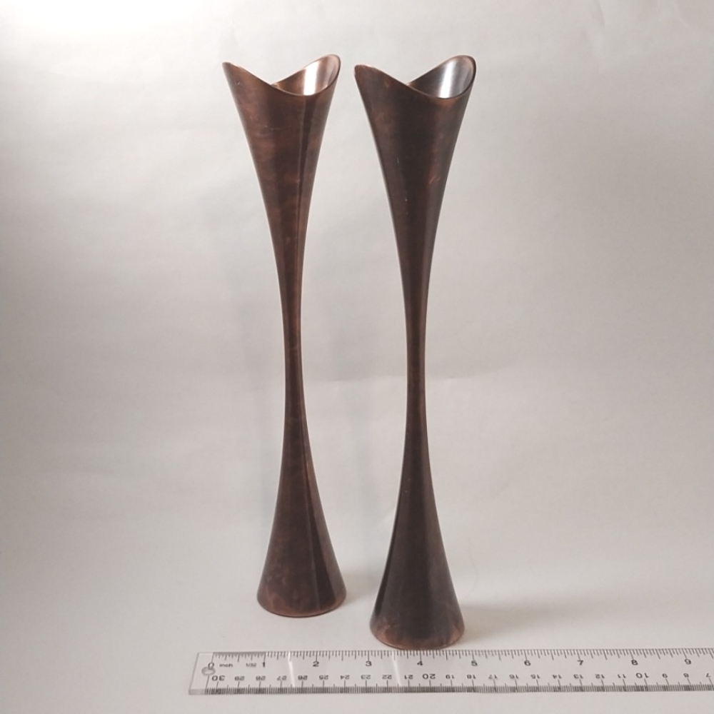 Pair of Nambe Heritage Bronze Pebble Finish candlestick holders; by Lisa Smith